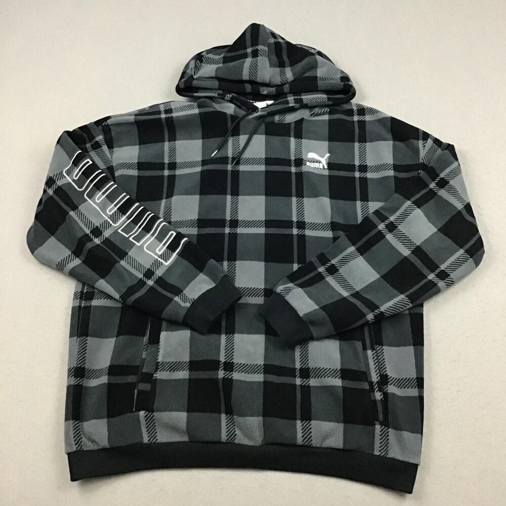 Puma Hoodie Large Men Gray Black Plaid Fleece Pullover Logo Spellout L